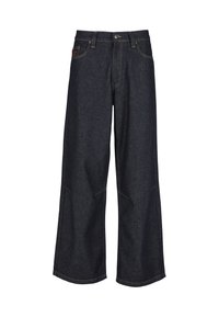 Tamnoplave široke traperice od trapera, s klasičnim dizajnom s pet džepova, kontrastnim šavovima i gumbima na prednjem dijelu.