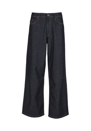 Jeans a gamba larga di colore blu scuro in denim, con design classico a cinque tasche, cuciture a contrasto e chiusura con bottoni.