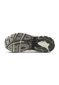 Shoe sole with a multi-colored tread pattern featuring dark gray, light gray, and white accents. Textured design for traction and durability.