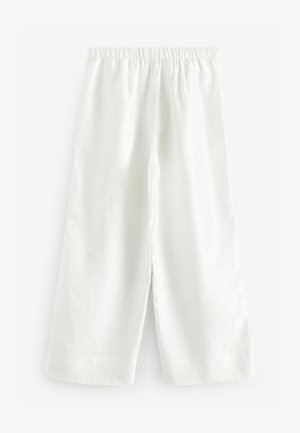 Valkoiset pellavaiset kootut housut, joissa on leveä lahjesuunnittelu, joustava vyötärö ja sileä, teksturoidun pinnan viimeistely.