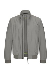 Graue Bomberjacke mit hohem Kragen, Frontreißverschluss, Netzelementen an den Bündchen und am Saum sowie einem leuchtend gelben Akzent, der innen sichtbar ist.