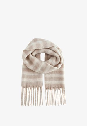 Écharpe en laine beige avec de légères rayures, présentant une texture douce et des bords frangés. Le design est rectangulaire et plié.