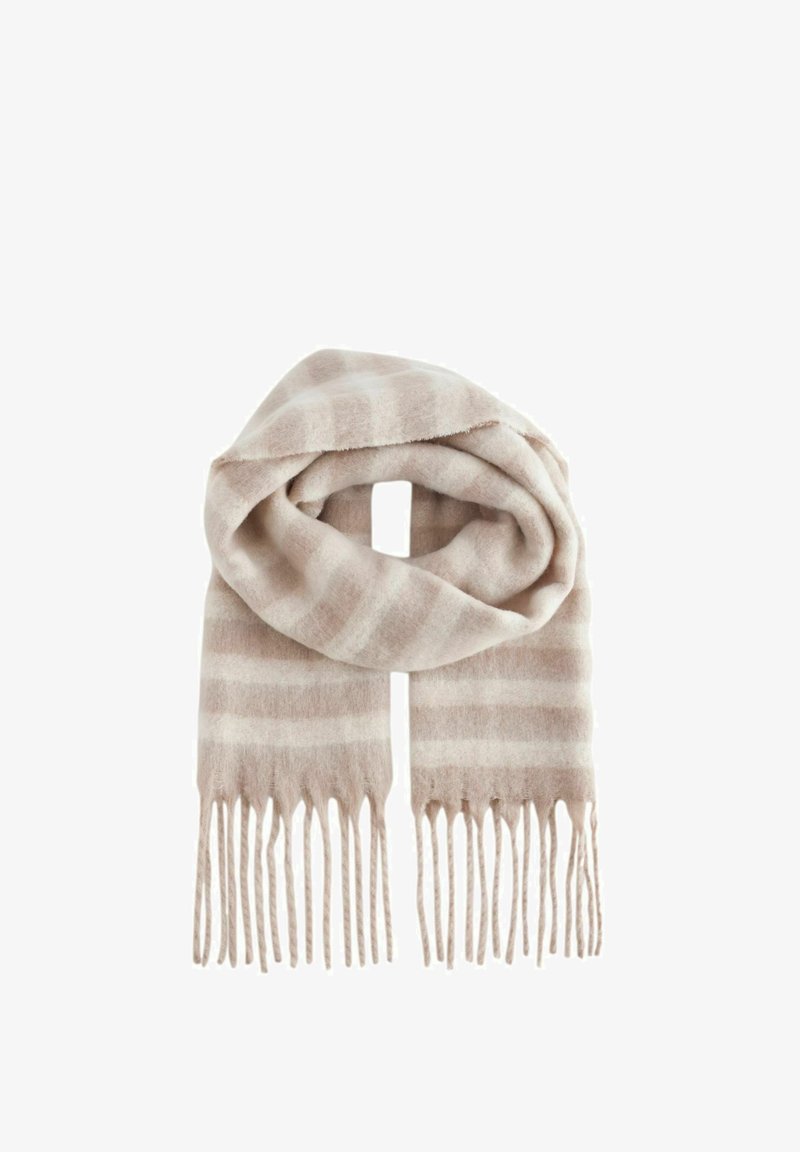 Beige wool scarf with light stripes, featuring a soft texture and fringed edges. The design is rectangular and folded.