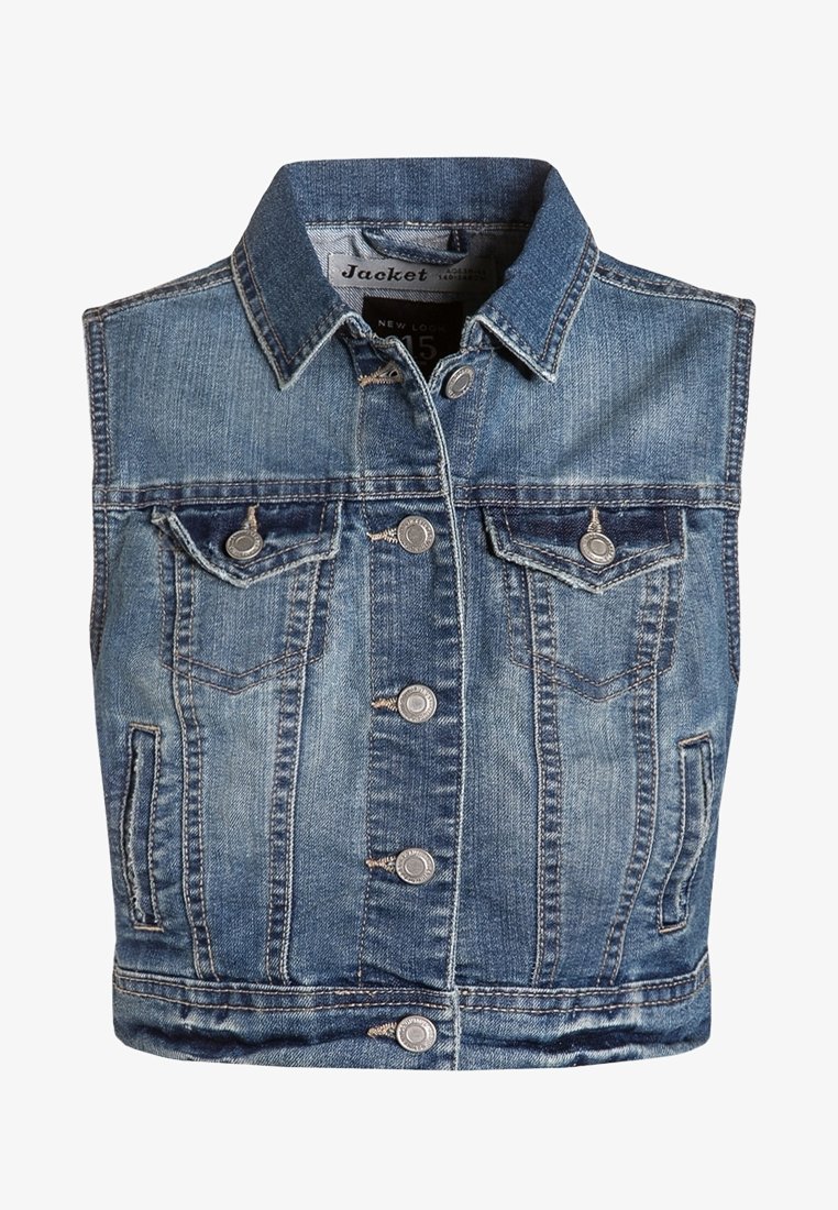 Jeansväst utan ärmar med klassisk krage, silverfärgade knapptryckare, två bröstfickor och en blekblå tvätt med subtil textur.