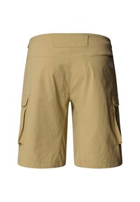 Pantaloni cargo beige con due tasche laterali, tessuto leggero, vita elastica e logo sul retro, caratterizzati da una vestibilità comoda.