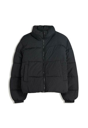 Black puffer jacket with a high collar, padded design, front zip fastening, and two side pockets. Features elastic cuffs and lightweight material.