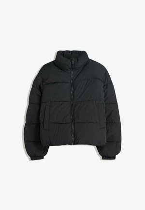 Black puffer jacket with a high collar, padded design, front zip fastening, and two side pockets. Features elastic cuffs and lightweight material.