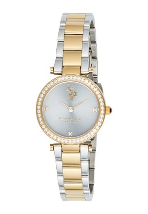 Orologio da polso rotondo in oro e argento con ghiera arricchita da cristalli, quadrante grigio chiaro, indicatori orari minimi e logo e testo U.S. Polo Assn.