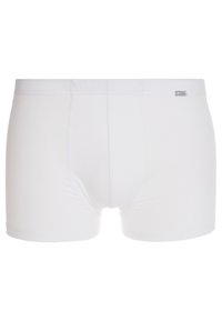 Boxer in cotone bianco con una vestibilità aderente, caratterizzati da una trama liscia e un piccolo tag con il marchio sulla vita.