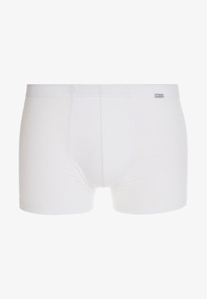 Hvide bomuldsboxershorts med en tætsiddende pasform, der har en glat overflade og et lille mærke på elastikken.