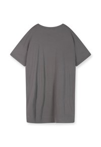 Szara, oversize'owa koszulka, krótki rękaw, okrągły dekolt, wykonana z miękkiej bawełny, o gładkiej teksturze i bez widocznych wzorów ani dodatków.