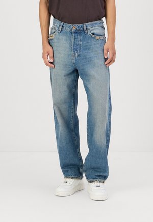 Blue denim jeans with a loose fit, featuring a five-pocket design, distressed accents, and a button closure at the waist.