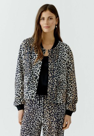 Leopard print bomber jacket featuring a black ribbed collar, front pockets, and elasticized cuffs, made from smooth, lightweight fabric.
