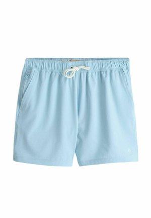 Shorts de bain pour hommes bleu clair avec ceinture élastique, cordon blanc et poche latérale zippée sur fond blanc.