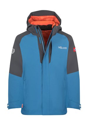 Blue waterproof jacket with gray accents, hood, and orange lining. Features a front zipper and logo detail on chest and sleeve.