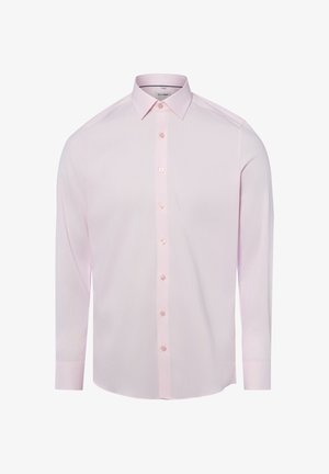 Hellrosa langärmliges Herrenhemd mit spitzem Kragen und vorderer Knopfleiste, auf weißem Hintergrund dargestellt.