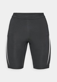Black athletic shorts with white side stripes, made of stretchy fabric, featuring a high waistband and a fitted design for comfort.