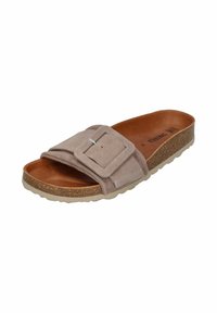 Light beige slide sandal with a wide suede upper featuring a square buckle detail, a cushioned insole, and a textured cork-like sole.