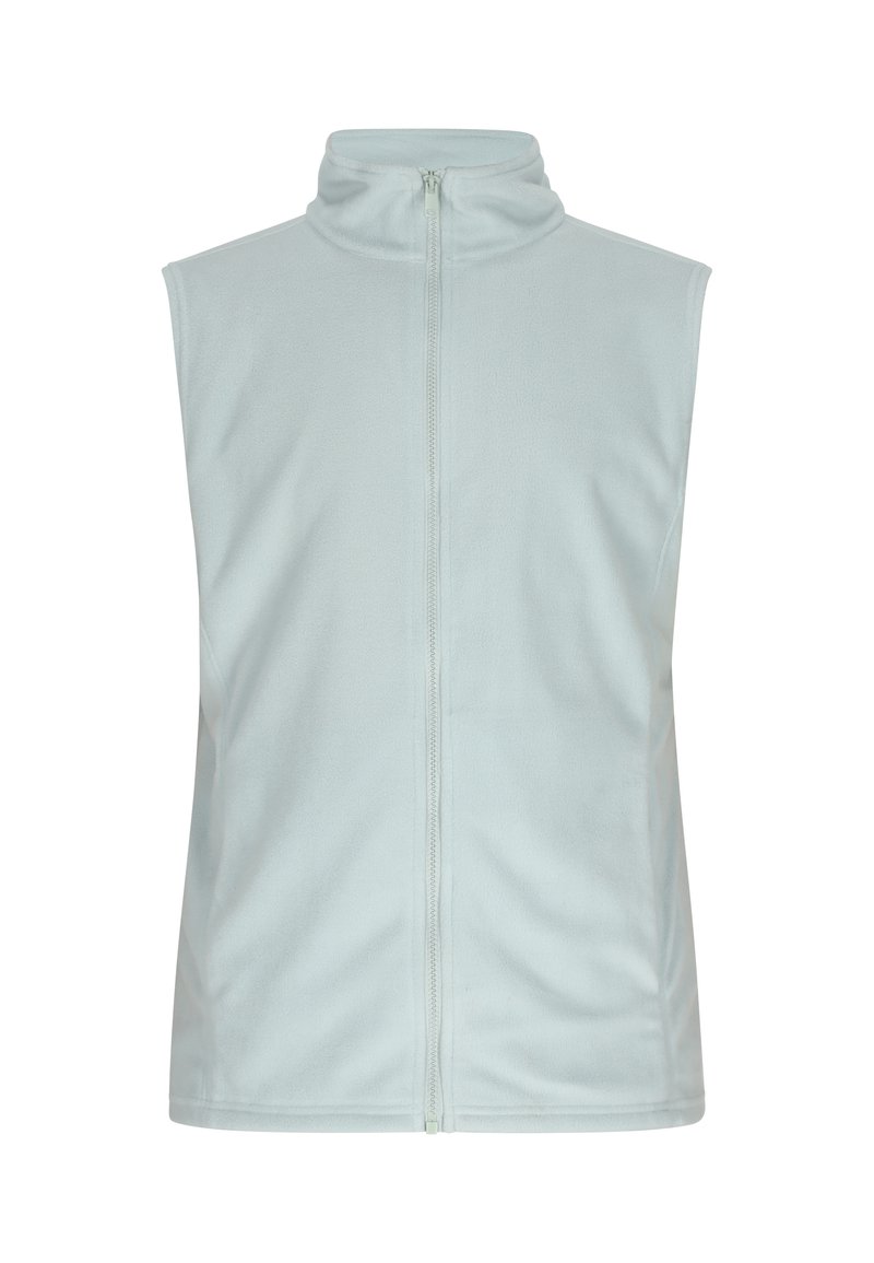 Gilet in pile azzurro chiaro con colletto alto e zip frontale completa. Tessuto liscio, senza maniche e un design semplice senza motivi o dettagli.