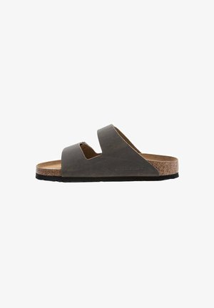 Dark gray sandals made of smooth leather with a cork footbed, featuring two wide straps for support and a textured black rubber sole.
