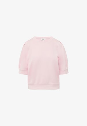 Jasnoróżowa koszula wykonana z miękkiej tkaniny, z okrągłym dekoltem i krótkimi bufkami. Prosty design z luźnym krojem i prążkowanym dołem.