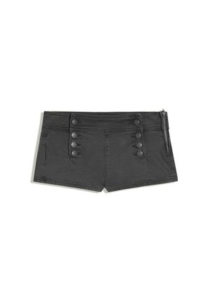 Sorte shorts til kvinder med seks dekorative knapper foran i to kolonner og lynlås i siden til højre.