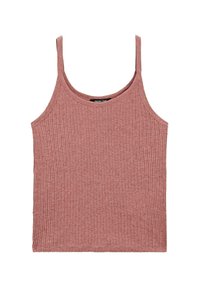 Canotta a coste di colore rosa polveroso, con spalline sottili, scollo a giro e design aderente adatto per essere indossata a strati.
