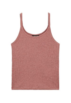 Canotta a coste di colore rosa polveroso, con spalline sottili, scollo a giro e design aderente adatto per essere indossata a strati.