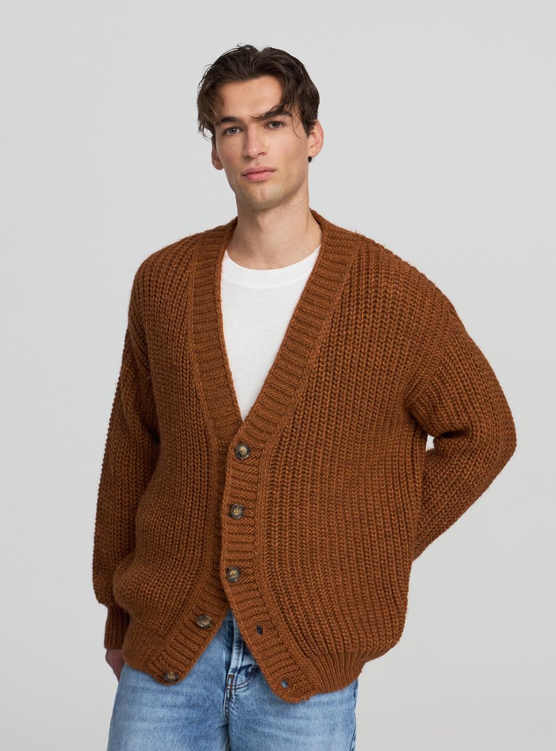 Cardigan marrone lavorato a maglia con vestibilità ampia, scollo a V profondo e cinque bottoni. Tessuto strutturato e maniche lunghe; indossato sopra una camicia bianca.