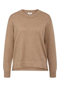 Ljusbrun sweatshirt i mjukt tyg med rund halsringning, långa ärmar och en något rundad nederkant. Har knappar på sidorna som detalj.