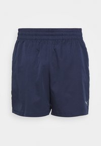 Navy lightweight athletic shorts with an elastic waistband, smooth texture, and a discreet logo on the lower right side.
