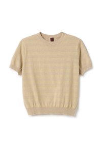 Korte mouwen sweater in beige met een gestreept textuurontwerp. Heeft een ronde hals en een elastische tailleband, gemaakt van een zachte, lichte stof.