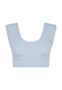 Ljusblå sportbehå med rundad halsringning, breda axelband och sömlös design. Tillverkad i ett mjukt, elastiskt material med en diskret logotyp.