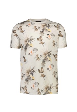 Kurzärmliges T-Shirt in hellbeige, mit einem botanischen Blumenmuster in gedämpften Farben, Rundhalsausschnitt und weicher Textur.