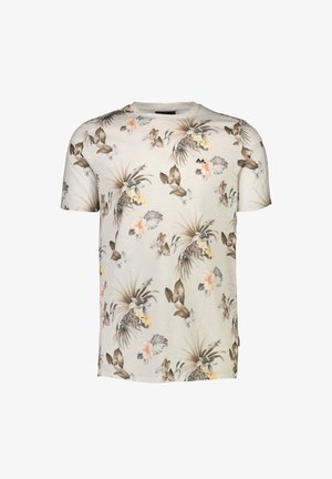 Korte mouwen t-shirt in licht beige, met een botanische floralprint in gedempte kleuren, met een ronde halslijn en een zachte textuur.