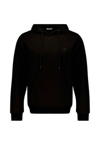 Haut à capuche noir avec un motif en grille texturé, capuche à cordon de serrage ajustable, poche kangourou et finitions côtelées aux poignets et à l'ourlet.