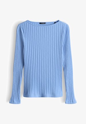 Hellblaues Langarmshirt mit gerippter Textur, Boot-Ausschnitt, figurbetontem Schnitt und leicht ausgestellten Bündchen an den Ärmeln.