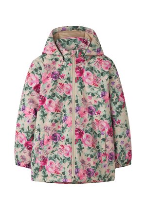 Veste de pluie pour enfants avec capuche, imprimé floral rose, violet et vert sur fond beige, fermeture éclair à l'avant.