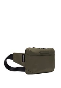 Olivgrüne Nylon-Gürteltasche mit rechteckiger Form, ausgestattet mit einer vorderen Reißverschlusstasche, verstellbarem Riemen und dezentem Logodetail.