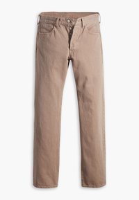 Jeans de mezclilla beige con corte recto, que cuentan con diseño de cinco bolsillos, cierre de botón y costuras visibles. Textura suave, cintura estándar.
