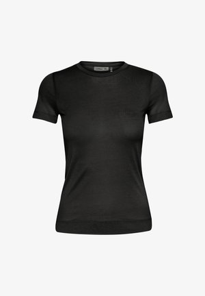 Maglietta nera a maniche corte realizzata in tessuto leggero, con scollatura a girocollo e silhouette aderente con una texture liscia.