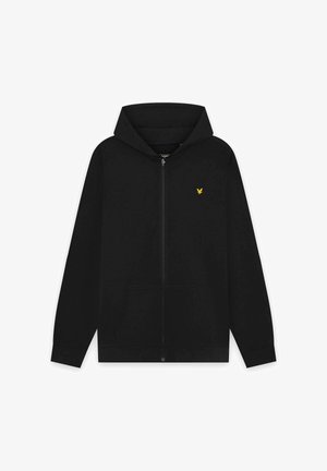 Sort hætte-sweatshirt med lynlås, lange ærmer, forlommer og lille gul fuglelogo på venstre bryst.