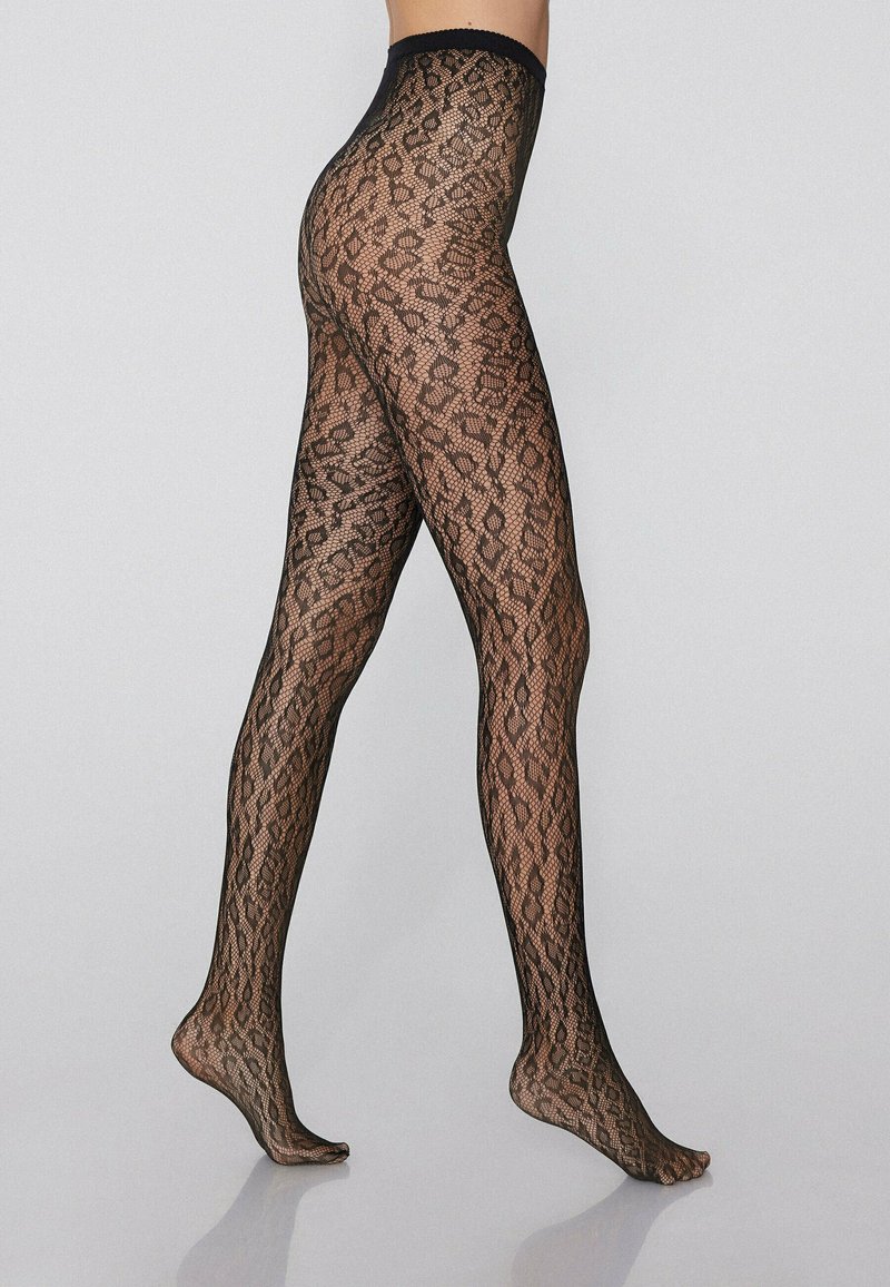 Collant neri a motivo con un design in pizzo, caratterizzati da una texture intricata e una finitura trasparente, vestibilità aderente e vita morbida.