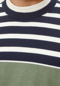 Nahaufnahme einer Person, die einen gestreiften Pullover in Marineblau, Weiß und Grün trägt, mit einem weißen Rundhalsausschnitt darunter.