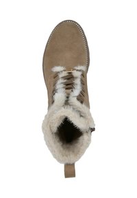 Braune Wildleder-Stiefelette mit Futter aus Kunstfell, runder Zehenpartie und Schnürdesign. Sie verfügt über eine Zuglasche und dekorative Naht um die Sohle.