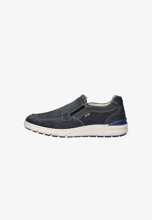 Donkerblauwe casual instapschoen met geperforeerd leren bovenwerk, witte dempende zool en elastische zijpanelen voor gemakkelijk aan- en uittrekken.