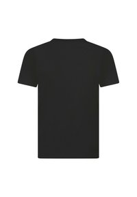 Zwart T-shirt met korte mouwen en ronde hals; gemaakt van zachte stof; gladde textuur; eenvoudig ontwerp zonder patronen of accenten.