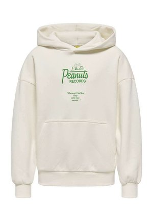Sweat à capuche couleur crème avec texte vert "Peanuts Records", mettant en scène Snoopy et Charlie Brown, et la citation "Chaque fois que je me sens triste, j'achète de nouveaux disques."