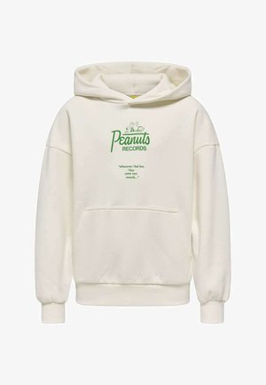 Sweat à capuche couleur crème avec texte vert "Peanuts Records", mettant en scène Snoopy et Charlie Brown, et la citation "Chaque fois que je me sens triste, j'achète de nouveaux disques."
