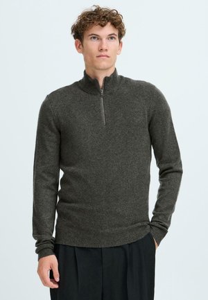 Dark gray zip-neck sweater made from a soft knit fabric. Features long sleeves and ribbed cuffs and hem. Minimalist design, no patterns.